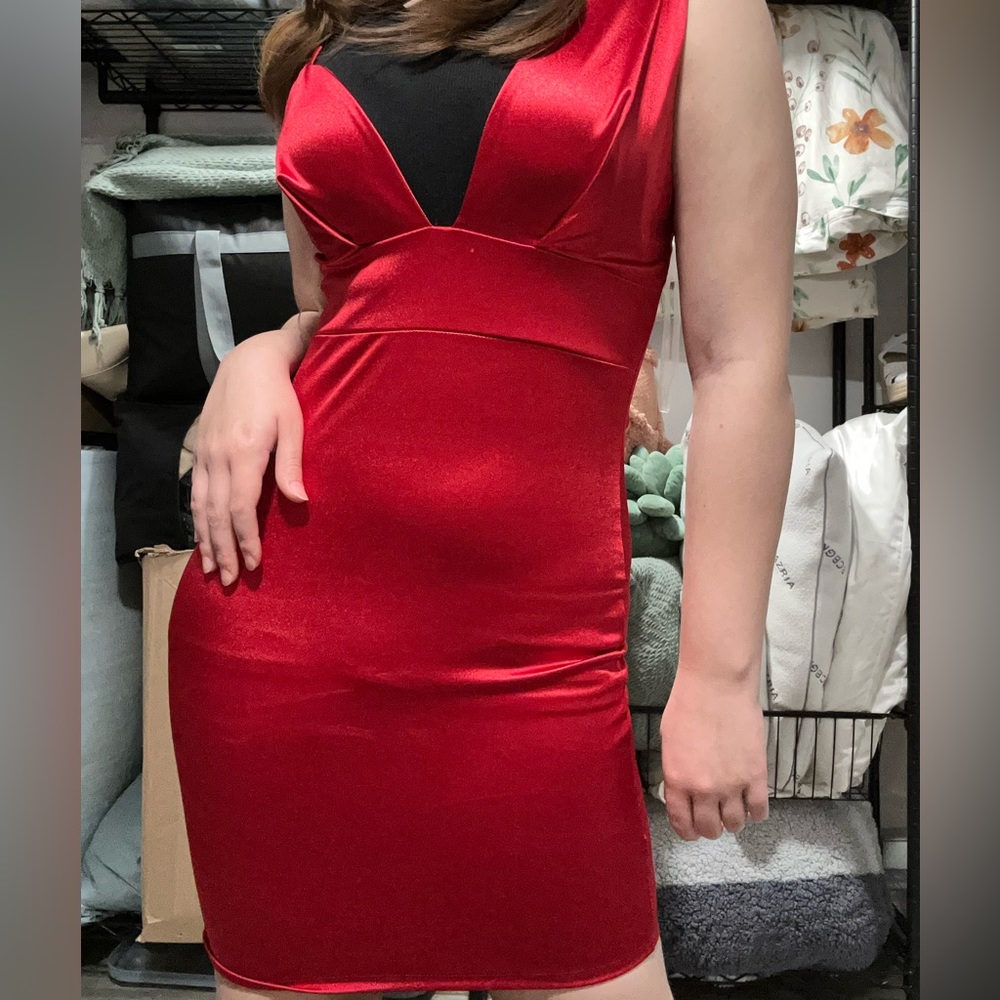 (Bust cover not included) Asymmetrical Red Satin Mini Dress